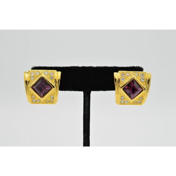 Vintage Crystal Earrings Sparkling Rhinestone Gold Purple NOS 1980s 9G - Picture 1 of 8